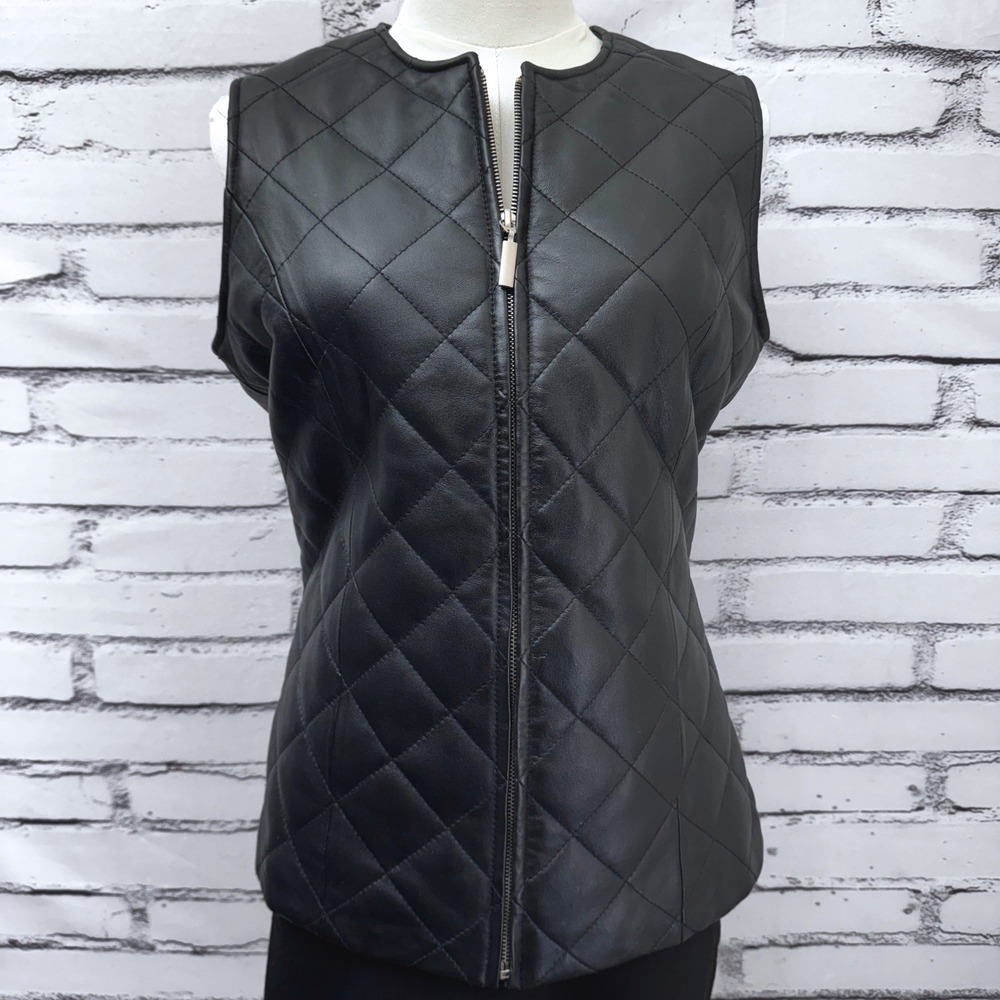 Pamela McCoy Black Quilted Genuine Leather Zip Up Vest Womens XS RN98393